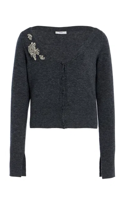 Erdem Cropped Embroidered Knit Cardigan In Grey
