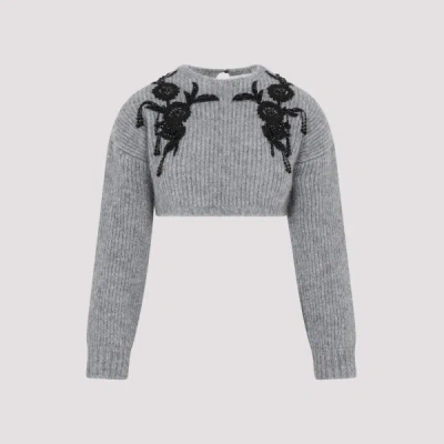 Erdem Cropped Long Sleeve Knit Sweater In Grey Melange