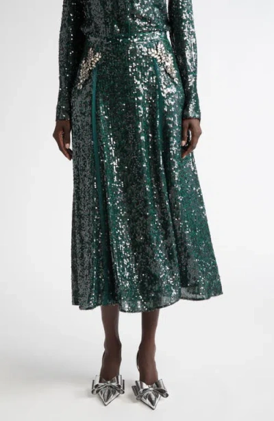 Erdem Crystal Embellished Sequin Midi Skirt In Dark Green