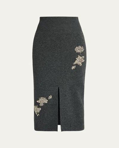 Erdem Crystal Embroidered Knit Midi Pencil Skirt In Gray