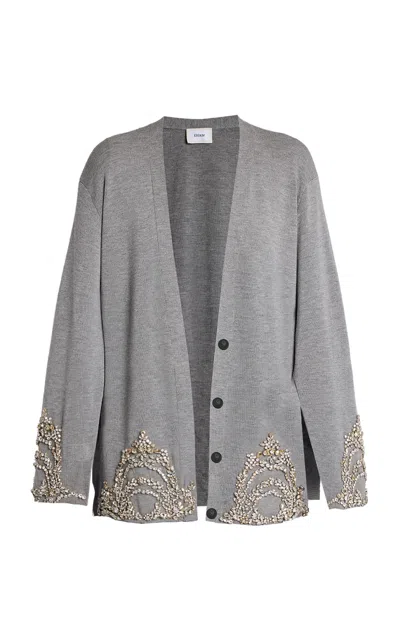 Shop Erdem Crystal-embroidered Merino-wool Cardigan In Grey
