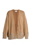 Erdem Crystal-embroidered Merino-wool Cardigan In Tan