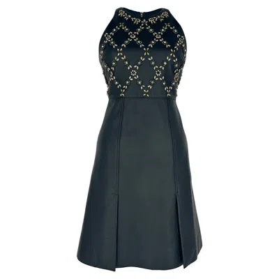 Pre-owned Erdem Crystal Floral Hudson Sleeveless Dress In Navy Leather Wool In Blue
