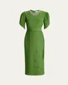 Erdem Belted Embellished Crinkled Silk And Cotton-blend Jacquard Midi Dress In Leaf Green