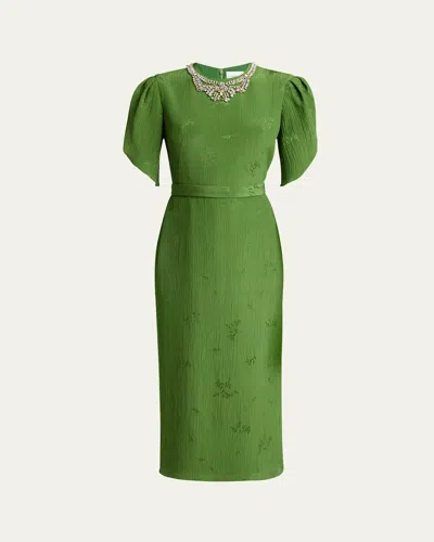 ERDEM CRYSTAL NECKLACE FLORAL EMBROIDERED SHORT SLEEVE COCKTAIL DRESS