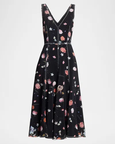 Erdem Deconstructed Floral-print Sleeveless Midi Dress In Black