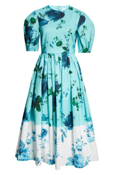Erdem Dégradé Floral Puff Sleeve Cotton Dress In Kingfisher And White