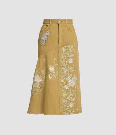 Erdem Embellished Embroidered Denim Midi Skirt In Brown