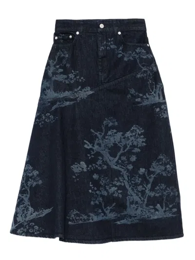 Erdem Asymmetric Paneled Printed Denim Midi Skirt In Blue