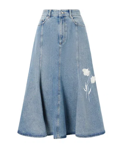 Erdem Embroidered Paneled Denim Midi Skirt In Blue