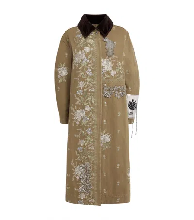 Erdem Denim-crystal Embroidered Overcoat In Brown