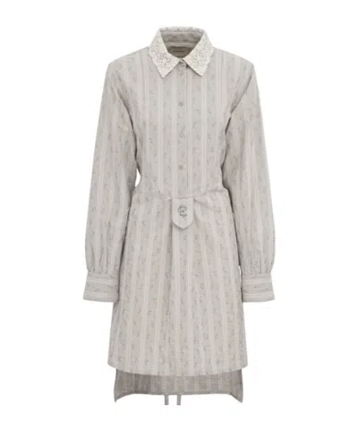 Erdem Ditsy Striped Cotton Long Sleeve Dress In Gray