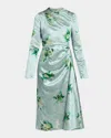 Erdem Abstract Rose Print Draped Long Sleeve Satin Midi Dress In Green
