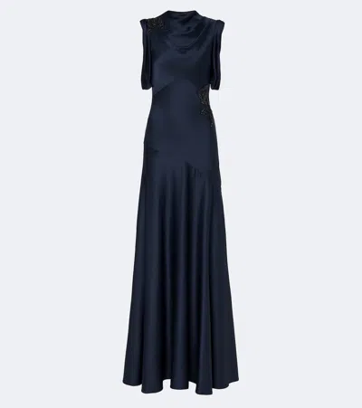 Erdem Draped Embellished Satin Cady Gown In Blue