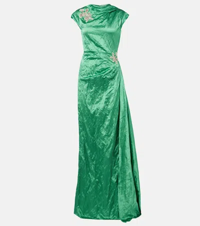 Erdem Womens Sea Green Draped Embellished Satin Maxi Gown