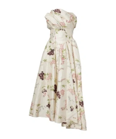 Erdem Strapless Floral-print Textured Satin Gown In Neutral