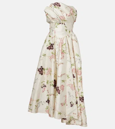 Erdem Strapless Floral-print Textured Satin Gown In Neutral