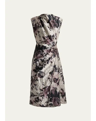Erdem Draped Floral Satin Midi Dress In Gray