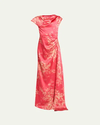 Erdem Draped Floral-print Satin Gown In Pink