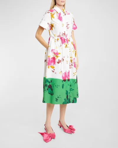 Erdem Dyed Floral Print Shirtdress In White And Green