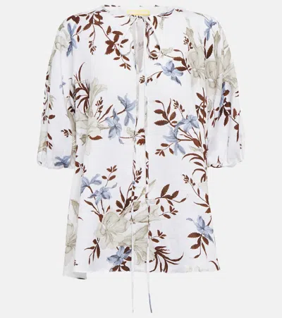 Erdem Eleni Printed Linen Blouse In Tropical Bloom White