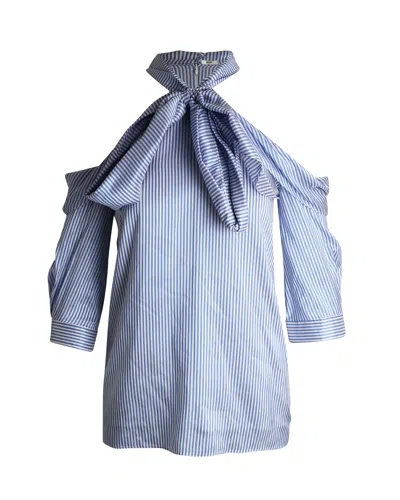 Erdem Elin Striped Cold-shoulder Tie-neck Top In Light Blue Silk