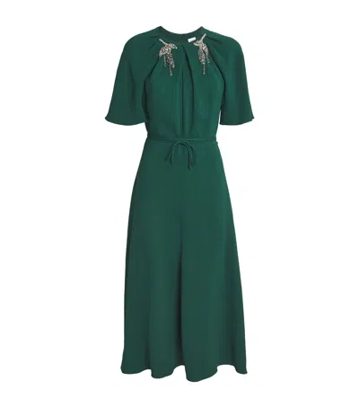 Erdem Tie-detailed Embellished Crepe Midi Dress In Green