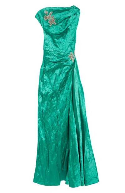 Erdem Embellished Asymmetric Crushed Satin Gown In Green
