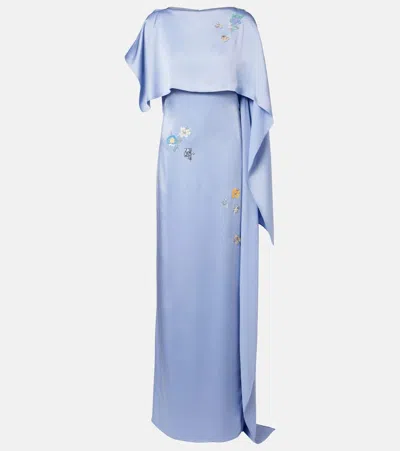 Erdem Embellished Caped Satin Cady Gown In Blue