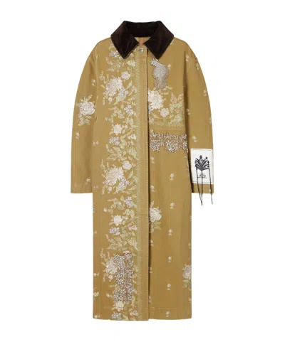 Erdem Embellished Corduroy-trimmed Embroidered Denim Coat In Green