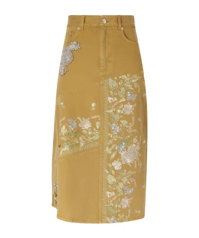 Erdem Embellished Embroidered Denim Midi Skirt In Brown