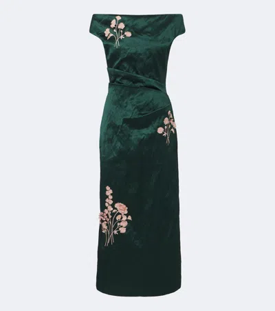 Erdem Off-the-shoulder Embroidered Textured Satin Midi Dress In Green