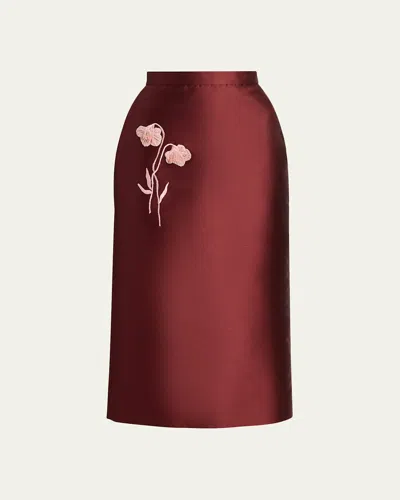 Erdem Embellished Flower Mikado Silk Midi Skirt In Burgundy