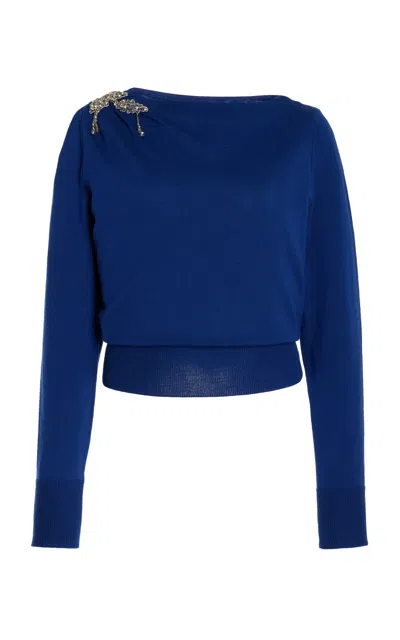 Erdem Embellished Knit Merino Wool Sweater In Navy