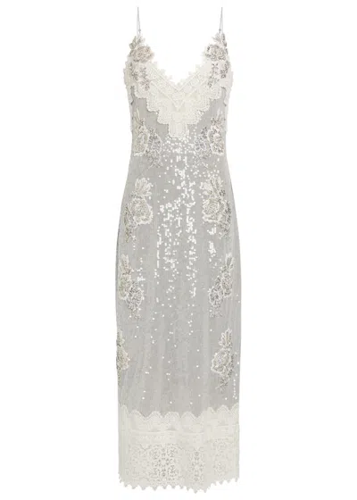 Erdem Embellished Lace-trim Chiffon Midi Slip Dress In Silver