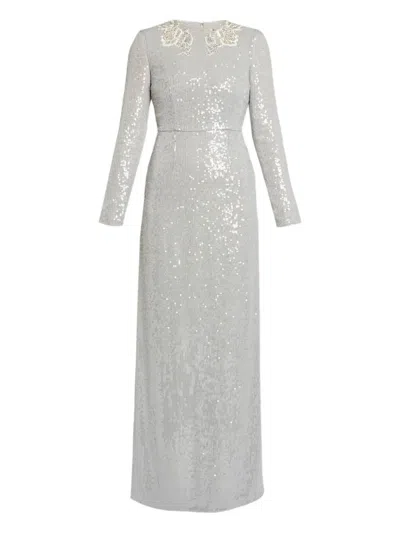 Erdem Embellished Long-sleeve Maxi Dress In Gray