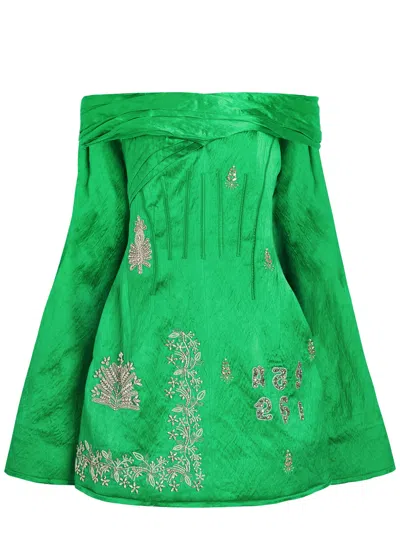 Erdem Embellished Off-the-shoulder Crinkled Satin Mini Dress In Green
