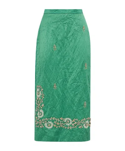 Erdem Womens Sea Green Embellished Textured Satin Pencil Midi Skirt