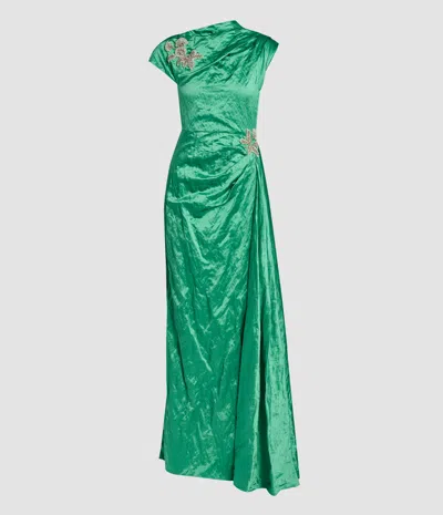 Erdem Womens Sea Green Draped Embellished Satin Maxi Gown