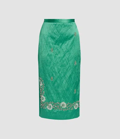 Erdem Womens Sea Green Embellished Textured Satin Pencil Midi Skirt