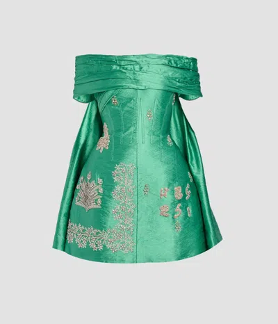 Erdem Embellished Textured Satin Off Shoulder Mini Dress In Green