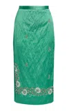Erdem Embellished Textured-satin Pencil Midi Skirt In Green