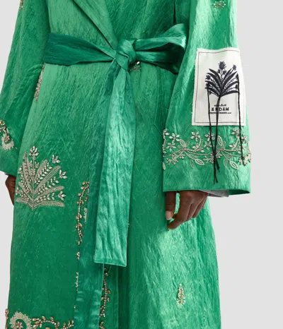 Erdem Embellished Textured Satin Trench Coat In Green