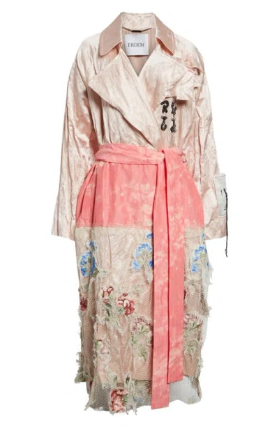 Erdem Embellished Textured Satin Trench Coat In Pink