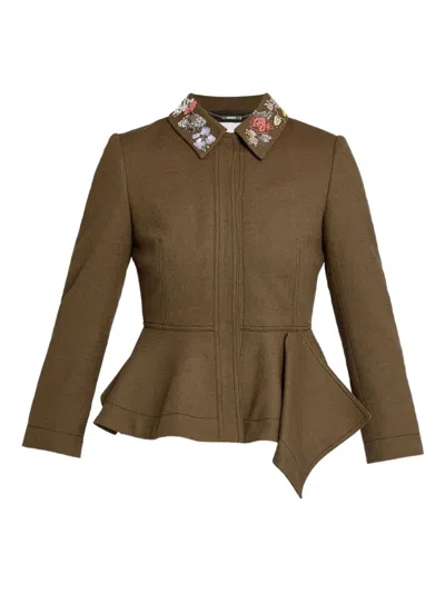 Erdem Embroidered-collar Peplum Fitted Jacket In Brown