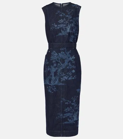 Erdem Embroidered Cotton Denim Pencil Dress In Blue
