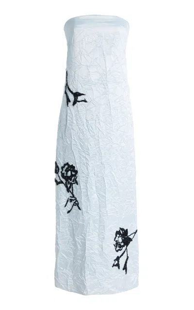 Erdem Embroidered Crinkled Satin Midi Dress In Light Blue