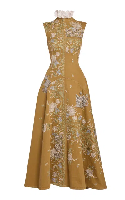 Erdem Embroidered Denim Midi Dress In Brown