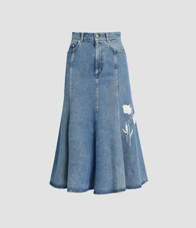 Erdem Embroidered Denim Midi Skirt In Blue