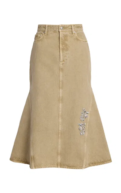 Erdem Embroidered Denim Midi Skirt In Brown